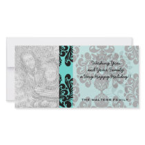 black and aqua lovely ornate blue damask personalized photo card