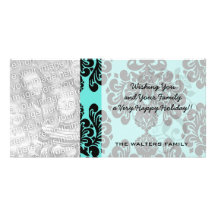 black and aqua lovely ornate blue damask personalized photo card
