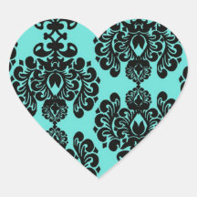 black and aqua lovely ornate blue damask heart sticker