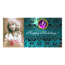 BLACK AND BLUE DAMASK Amethyst Monogram Personalized Photo Card