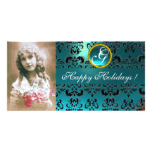 BLACK AND BLUE  DAMASK Aquamarine Monogram Picture Card