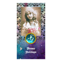 BLACK AND BLUE DAMASK  Aquamarine Monogram Customized Photo Card