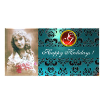 BLACK AND BLUE DAMASK Red Ruby Monogram Personalized Photo Card