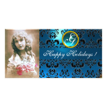 BLACK AND BLUE  DAMASK Sapphire Monogram Photo Card Template
