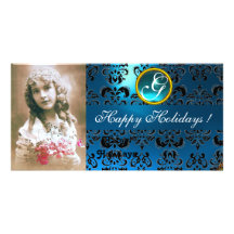 BLACK AND BLUE  DAMASK Sapphire Monogram Photo Cards