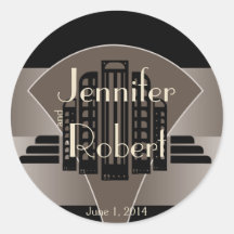 Black and Bronze Art Deco Tower Envelope Seal Round Stickers