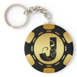BLACK AND GOLD MONOGRAM LETTER J POKER CHIP KEYCHAIN