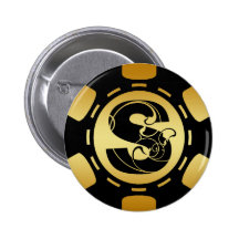 BLACK AND GOLD MONOGRAM LETTER S POKER CHIP PINBACK BUTTONS