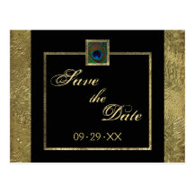 Black and Gold Peacock Feather Save the Date Card Postcard