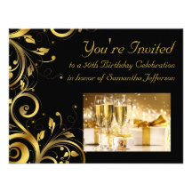 Black and Gold Swirl, Custom 50th Birthday Party Announcement