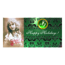 BLACK AND GREEN  DAMASK Emerald Monogram Photo Cards