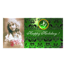 BLACK AND GREEN  DAMASK Emerald Monogram Photo Card Template