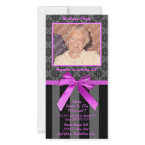 Black And Grey Damask With Hot Pink Ribbon Customized Photo Card