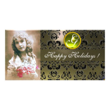BLACK AND GREY DAMASK Yellow Topaz Monogram Photo Cards