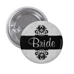 Black and grey victorian damask bride wedding pinback buttons