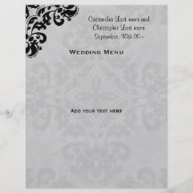Black and grey victorian damask wedding menu full colour flyer
