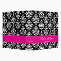 Black and Hot Pink Damask Personalized Wedding Vinyl Binders