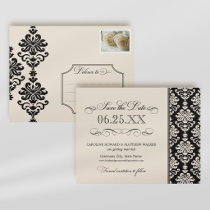 Black and Ivory Elegant Damask Save the Date Post Card
