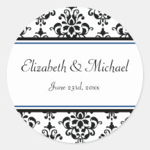 Black and Navy Damask Round Wedding Favour Label Sticker