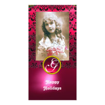BLACK AND PINK DAMASK Red Ruby Monogram Customized Photo Card