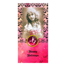 BLACK AND PINK DAMASK Red Ruby Monogram Photo Card Template