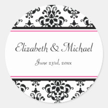 Black and Pink Damask Round Wedding Favour Label Round Sticker