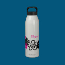 Black and Pink Hibiscus Hawaiian Flowers water bottles