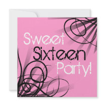 Black and Pink Swirl Sweet 16 Birthday Personalize Personalized Announcements