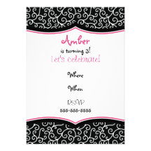 Black and Pink Swirls Photo Ready Bday Personalized Invitation