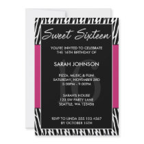 Black and Pink Zebra Pattern Sweet 16 Birthday Personalized Invites