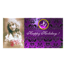 BLACK AND PURPLE DAMASK Amethyst Monogram Personalized Photo Card