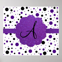 Black and purple polka dots monogram glitter posters