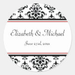 Black and Red Damask Round Wedding Favour Label Sticker