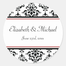 Black and Red Damask Round Wedding Favour Label Sticker