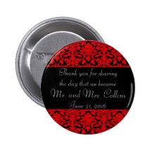 Black and Red Damask Wedding Favour Button Round
