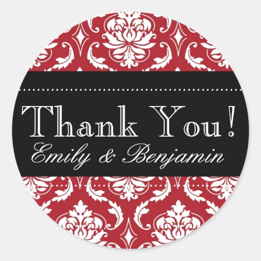 Black and Red Damask Wedding Thank You Stickers