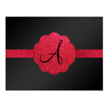 Black and red glitter monogram postcard