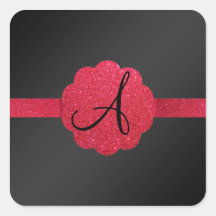 Black and red glitter monogram square sticker