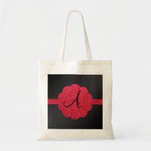 Black and red glitter monogram tote bag