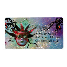 BLACK AND RED JESTER MASK ,Masquerade Party Blue Shipping Labels