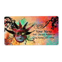 BLACK AND RED JESTER MASK , Masquerade Party green Personalized Shipping Labels