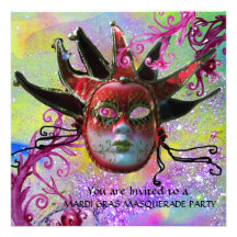 BLACK AND RED JESTER MASK , Masquerade Party Custom Announcements