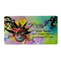 BLACK AND RED JESTER MASK ,Masquerade Party Purple Personalised Shipping Label