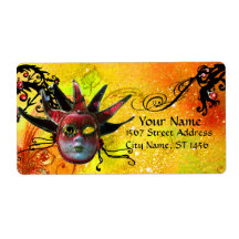 BLACK AND RED JESTER MASK ,Masquerade Party Yellow Custom Shipping Label