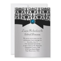 Black and Silver Damask Blue Jewel Wedding Invit Invite