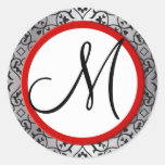 Black and Silver Damask Red Trim Wedding Seal Round Stickers