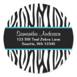 Black and Teal Blue Zebra Custom Address Label Round Stickers