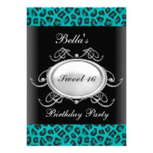 Black and Teal Leopard Sweet 16 Invitation