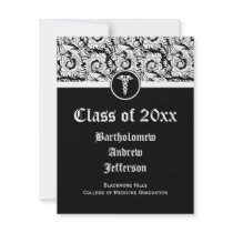Black and White Caduceus Medical School Graduation Custom Announcement