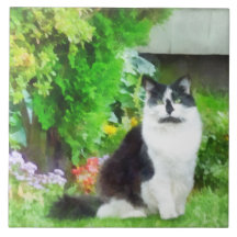 Black and White Cat by Flowers Ceramic Tile